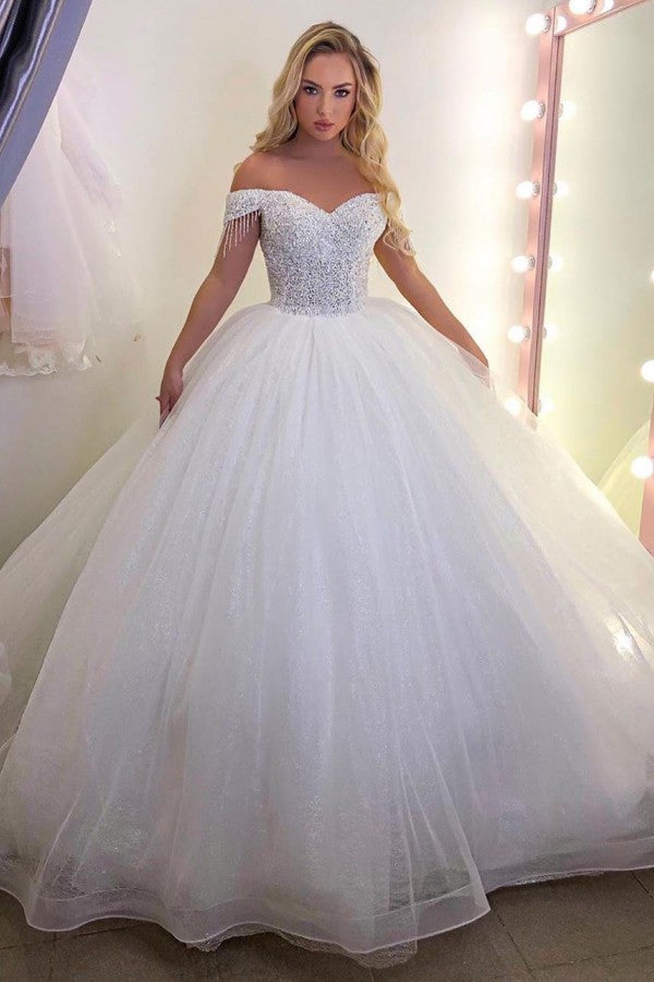 Pretty Princess Off The Shoulder Long Wedding Dress With Tulle