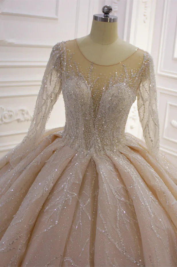 Glamorous Bateau Long Sleeve Floor Length Ball Gown Wedding Dress With Ruffles