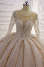 Glamorous Bateau Long Sleeve Floor Length Ball Gown Wedding Dress With Ruffles