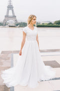 White Cap Sleeve A Line V Neck Lace Chiffon Wedding Dress