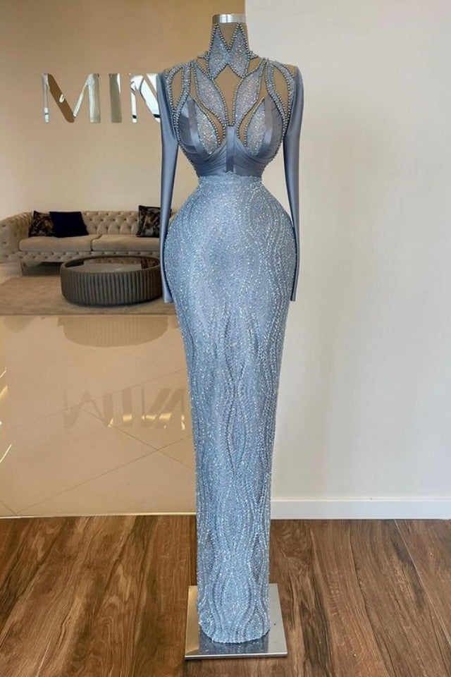 Elegante abito da sera sirena con perline e paillettes, a collo alto e maniche lunghe