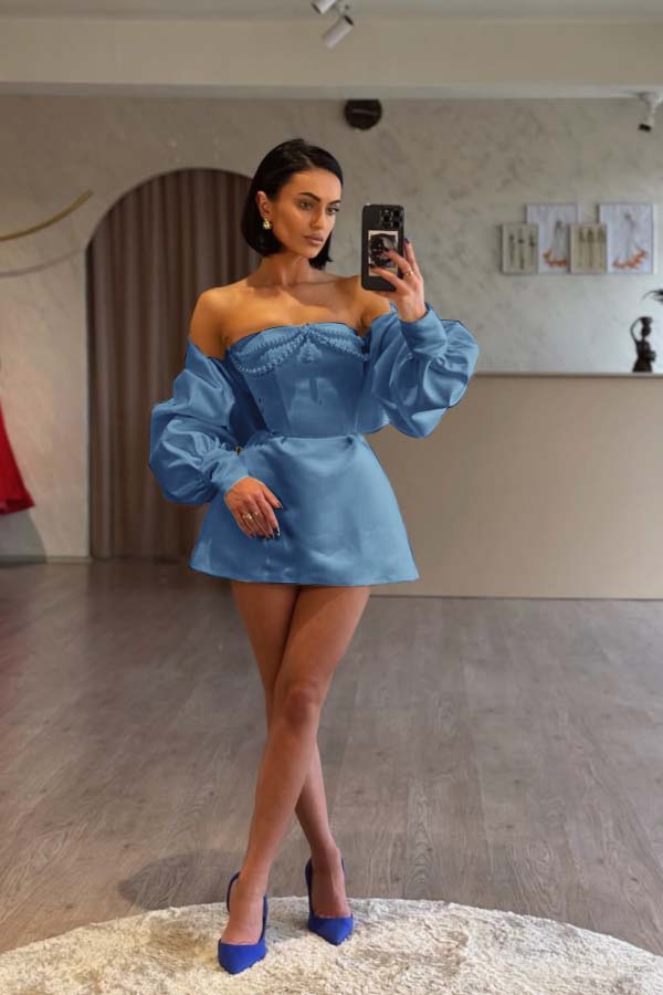 Spaghetti Strap Long Sleeves A Line Prom Dress With Beading