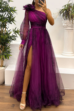 Vestidos de Noite Sexy para Baile de Finalistas com Estampa Floral, Fenda, Transparência em Tule e Decote Assimétrico (6 Cores)