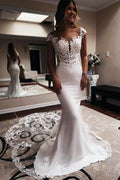 Bmbridal Satin Mermaid Wedding Dress Sleeveless Jewel Neck Chapel Train Lace