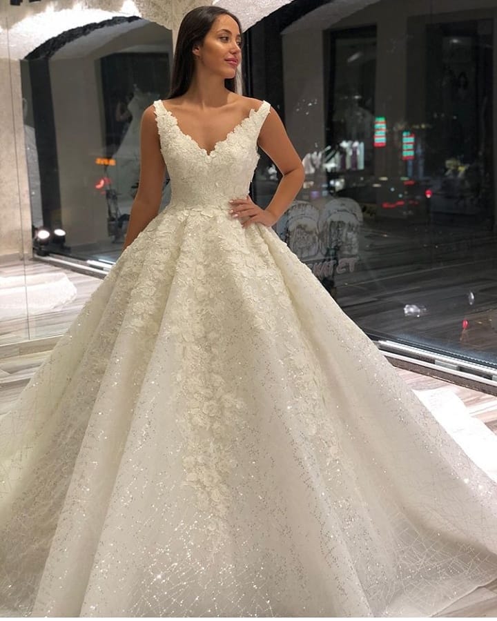 Gorgeous Floor Length A Line Sequined Deep V Neck Wedding Dress Appliques Lace