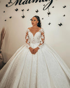 Romantic Sweetheart Long Sleeves Ball Gown Wedding Dress With Lace Appliques