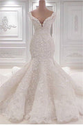Unique Ruffles Floor Length Mermaid V Neck Wedding Dress With Appliques Lace