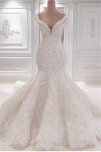 Unique Ruffles Floor Length Mermaid V Neck Wedding Dress With Appliques Lace