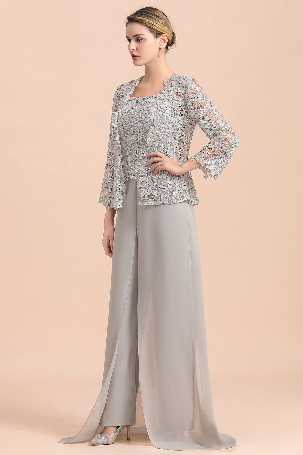 BMbridal Elegant Silver Lace Top Chiffon Mother of Bride Jumpsuit Online with Wrap