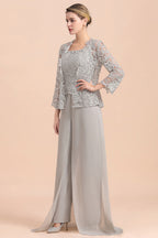 BMbridal Elegant Silver Lace Top Chiffon Mother of Bride Jumpsuit Online with Wrap