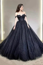 Black Shiny Tull Prom Dress Applique Off Shoulder Sweet Long Formal Wedding Party Dress Elegant Women's Evening Gowns Cu
