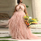Vestido de Noiva para Mulheres de Tamanho Grande Vestido de Noite Vestido de Alça Halter Cor-de-Rosa Vestido de Tule Balão Tamanho Grande