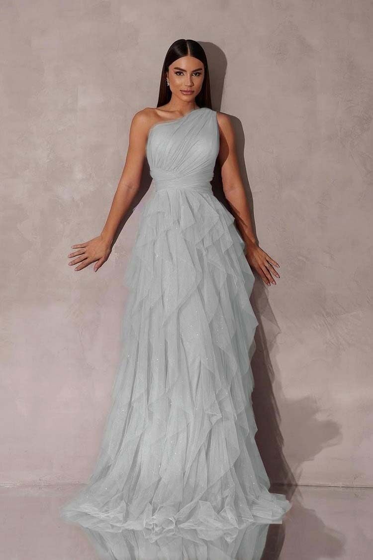 Chic One Shoulder Sleeveless Long Prom Dress With Tulle Ruffle