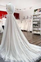 Stylish Open Back Ruffles Long A Line Wedding Dress Lace Tulle
