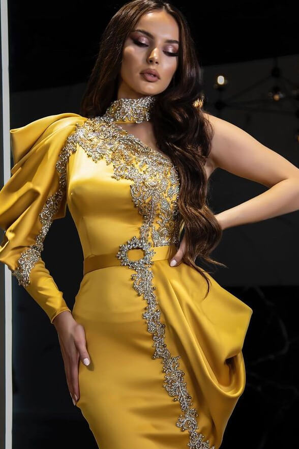 Robe de bal longue à une épaule, manches longues, style sirène, jaune, avec perles