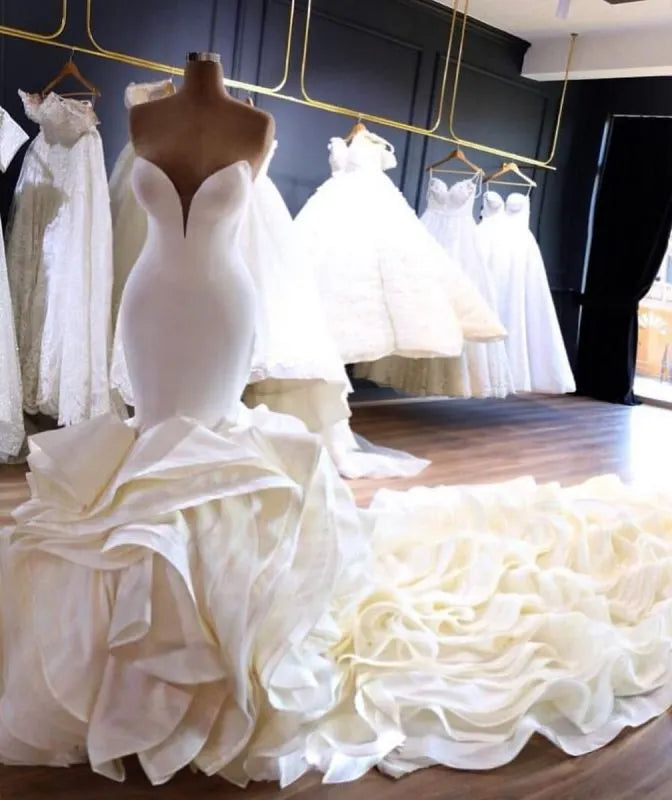 Mermaid Sleeveless Deep V Neck Taffeta Rose Wedding Dress