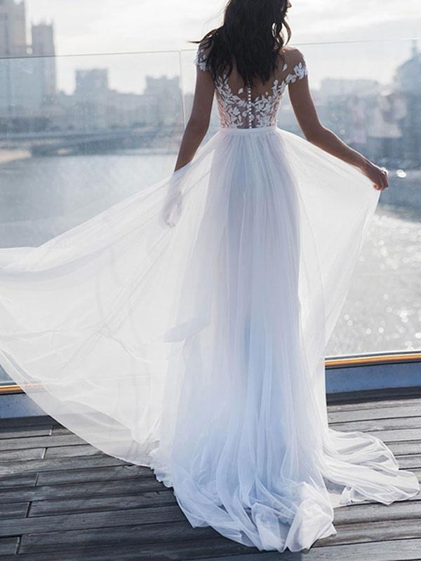 Short Sleeves Appliques Wedding Dress With Split Lace Bodice Beadwork