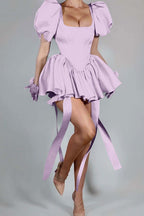 Bubble Sleeves Square Neck Short Prom Dress With Ruffles Pleated