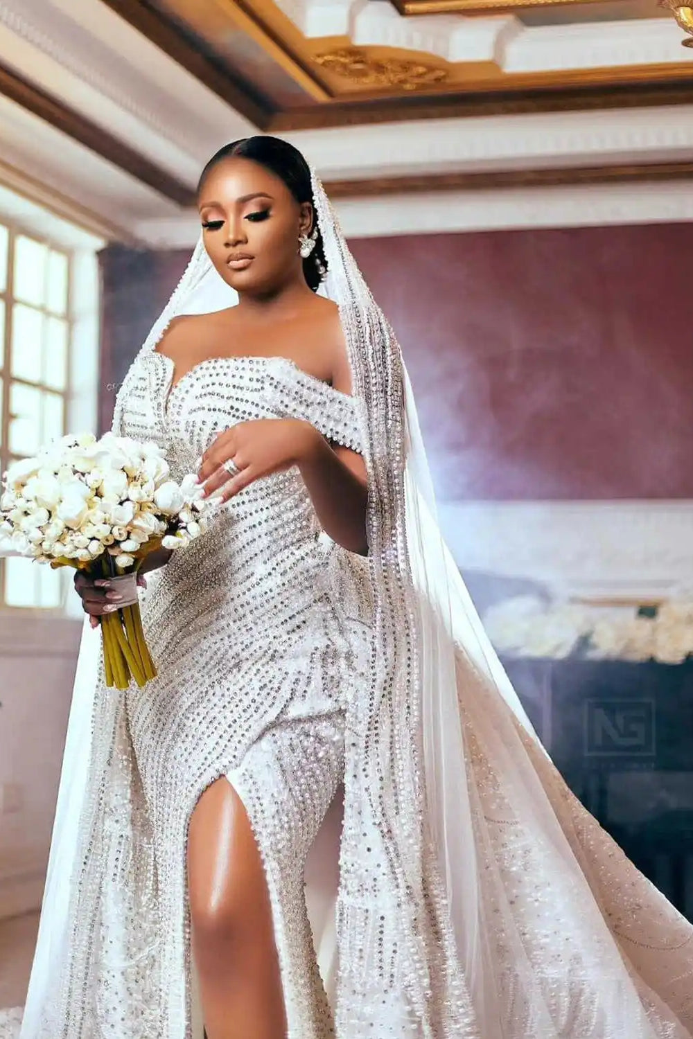 Off The Shoulder Beaded Sequined Mermaid Wedding Dress With Split Front