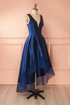 Vestidos de Cetim com Renda para Baile de Finalistas, Decote em V Profundo, Comprimento Assimétrico, Vestidos para Damas de Honra