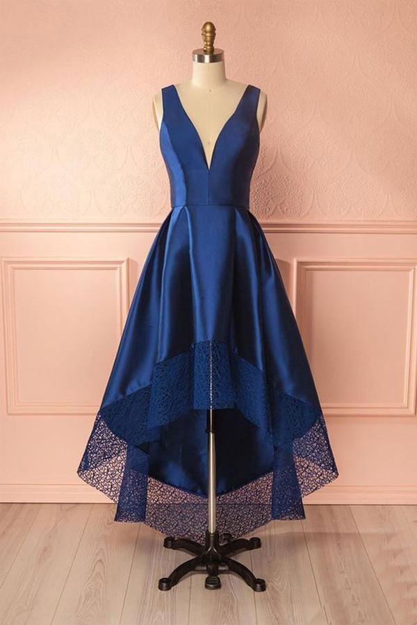 Vestidos de Cetim com Renda para Baile de Finalistas, Decote em V Profundo, Comprimento Assimétrico, Vestidos para Damas de Honra
