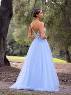 Bodenlanges Ballkleid aus Tüll mit tiefem V-Ausschnitt und Spitzenapplikation