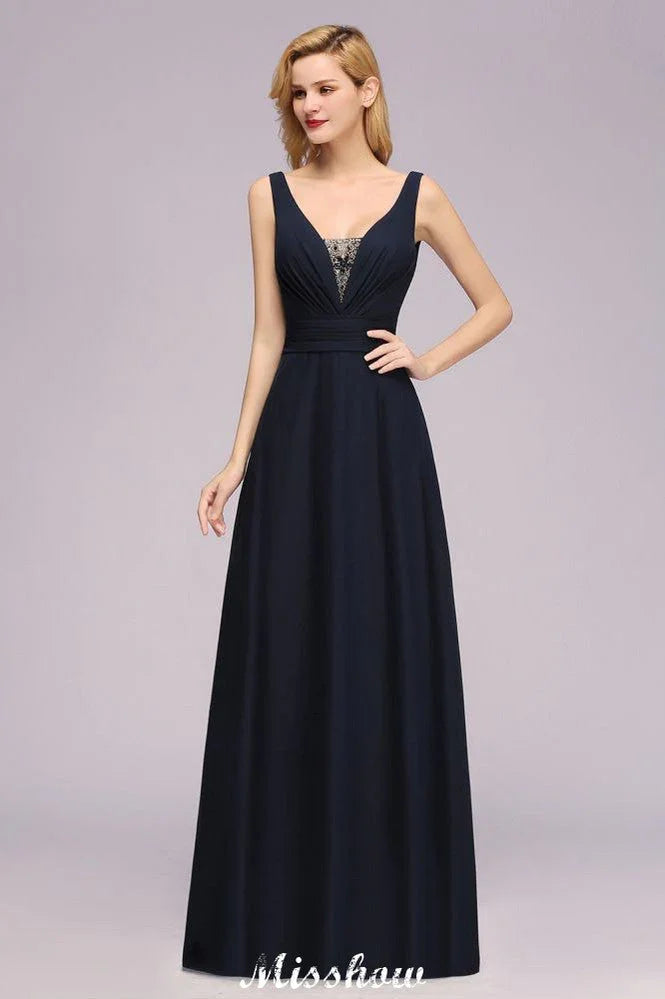 Deep V-Neck Beading A-line Bridesmaid Dress Floor Length Maid of Honor Dress