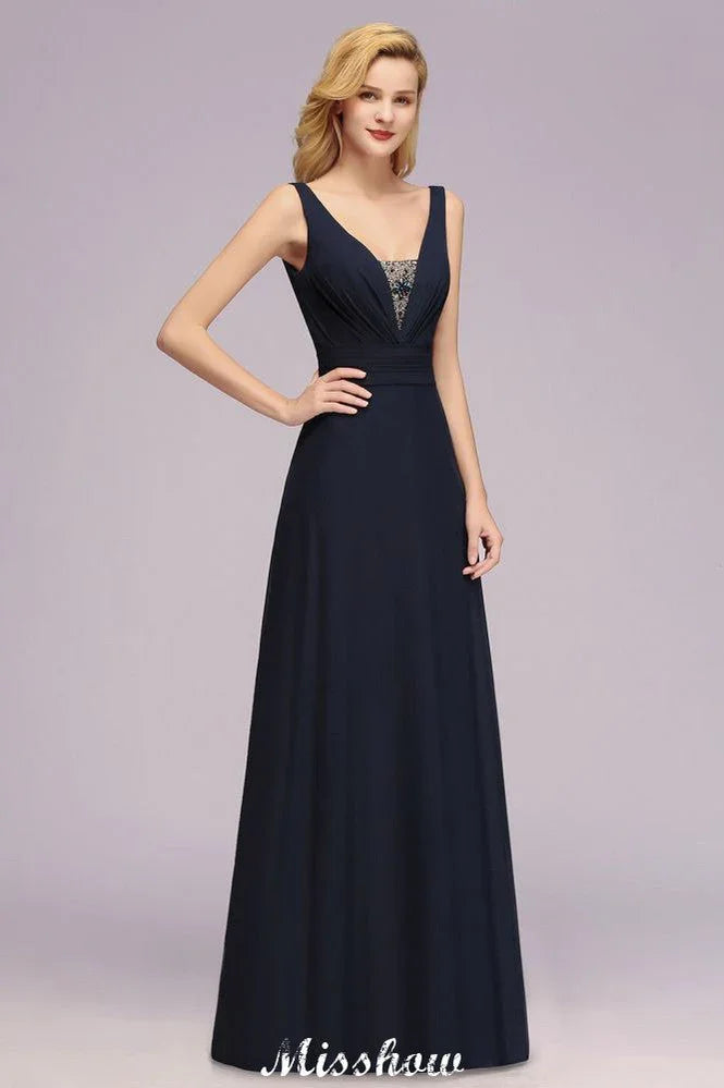 Deep V-Neck Beading A-line Bridesmaid Dress Floor Length Maid of Honor Dress