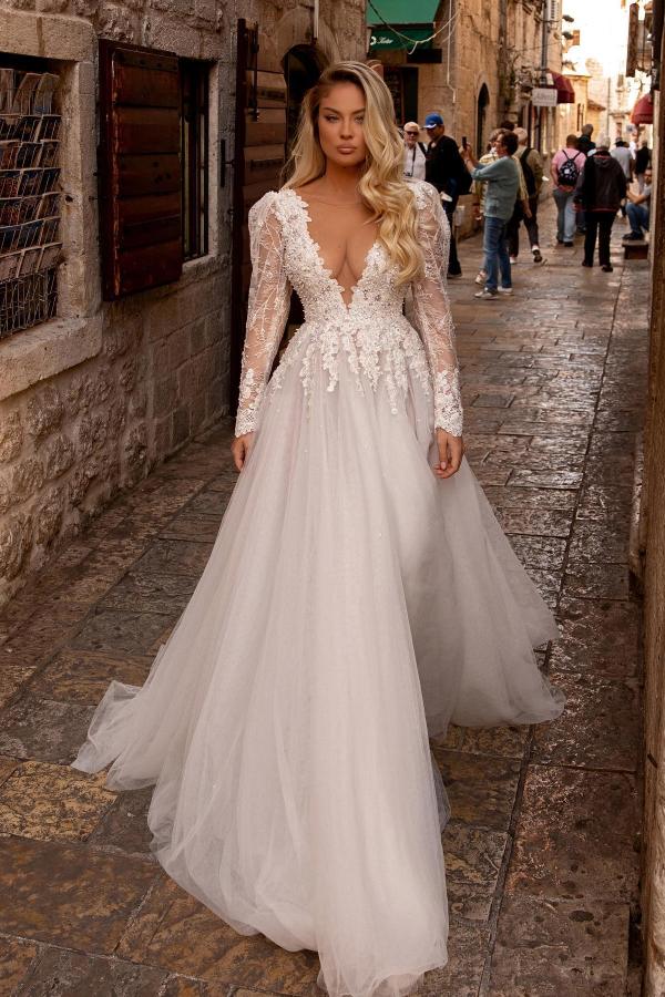 Deep V Neck Tulle Wedding Dress With Appliques And Long Sleeves