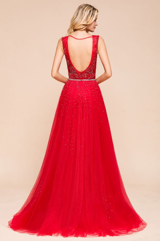 Robe de soirée longue en mousseline à appliques de dentelle, sans manches, col en V profond, coupe évasée