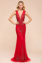 Robe de soirée longue en mousseline à appliques de dentelle, sans manches, col en V profond, coupe évasée