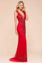 Robe de soirée longue en mousseline à appliques de dentelle, sans manches, col en V profond, coupe évasée