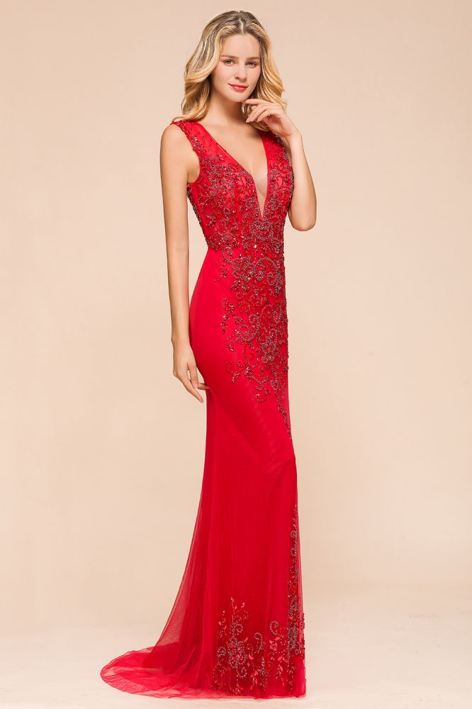 Robe de soirée longue en mousseline à appliques de dentelle, sans manches, col en V profond, coupe évasée