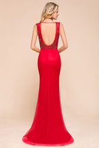 Robe de soirée longue en mousseline à appliques de dentelle, sans manches, col en V profond, coupe évasée