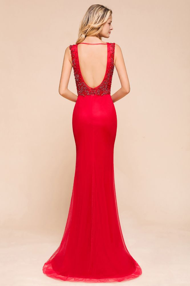 Robe de soirée longue en mousseline à appliques de dentelle, sans manches, col en V profond, coupe évasée