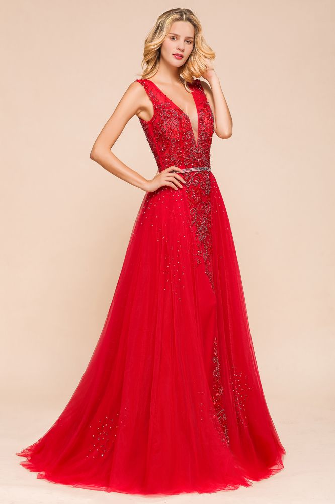 Robe de soirée longue en mousseline à appliques de dentelle, sans manches, col en V profond, coupe évasée