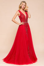 Robe de soirée longue en mousseline à appliques de dentelle, sans manches, col en V profond, coupe évasée