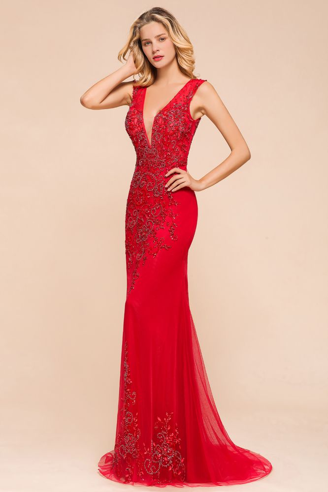 Robe de soirée longue en mousseline à appliques de dentelle, sans manches, col en V profond, coupe évasée