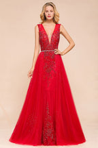 Robe de soirée longue en mousseline à appliques de dentelle, sans manches, col en V profond, coupe évasée