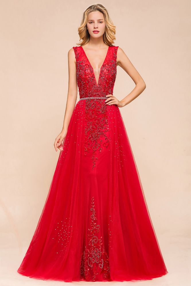 Robe de soirée longue en mousseline à appliques de dentelle, sans manches, col en V profond, coupe évasée