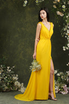 Deep V neck Sleeveless Split Front Floor-Length Prom dress