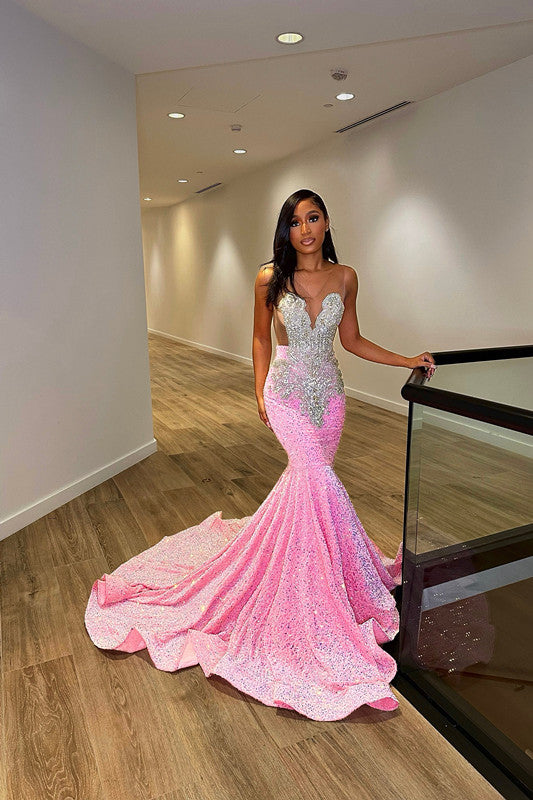 Vestido de Baile de Comprimento até ao Chão, Sem Mangas, Estilo Sereia, com Lantejoulas e Folhos