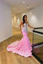 Vestido de Baile de Comprimento até ao Chão, Sem Mangas, Estilo Sereia, com Lantejoulas e Folhos