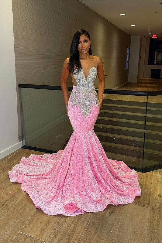 Vestido de Baile de Comprimento até ao Chão, Sem Mangas, Estilo Sereia, com Lantejoulas e Folhos