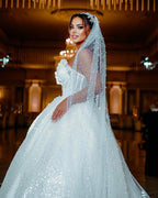 Robe de mariée longue au sol, sans manches, en ligne A, ornée de sequins et de perles, style princesse deluxe