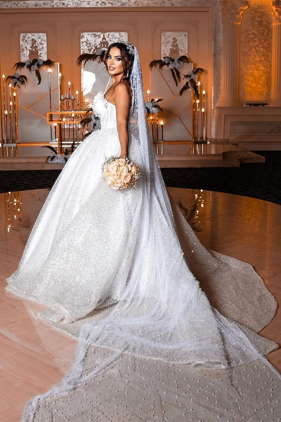 Robe de mariée longue au sol, sans manches, en ligne A, ornée de sequins et de perles, style princesse deluxe