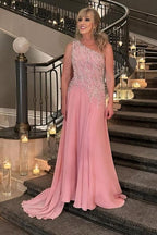 Designer A-Line Chiffon Mother of The Bride Dress One Shoulder Sleeveless Pink Bridesmaid Dress With Appliques