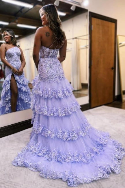 Amazing Column Satin Sleeveless Prom Dress With Ruffles Split
