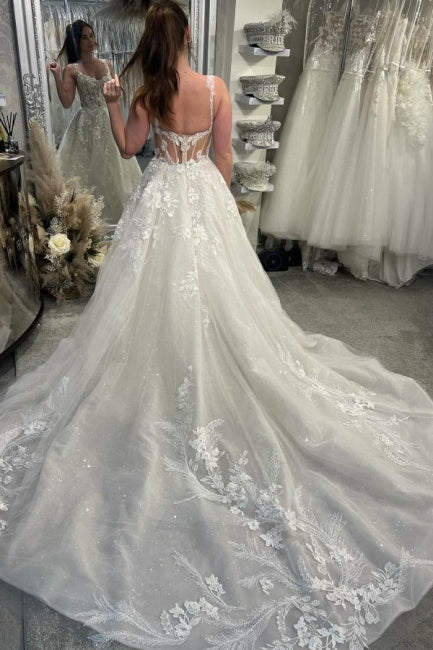 Designer A-Linie Spitze Herzausschnitt Ärmellos Weiß Brautkleid mit Schleppe