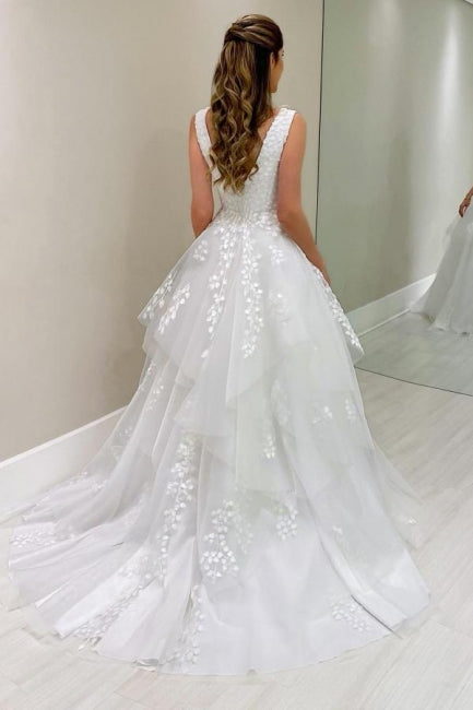Abito da sposa bianco senza maniche a linea ad A con scollo a V in pizzo e applicazioni